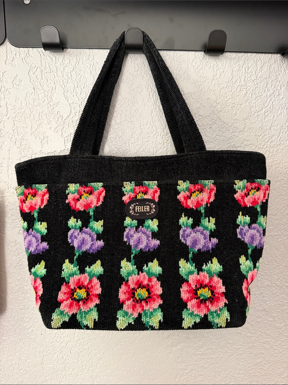 Black Floral Chenille Tote Bag